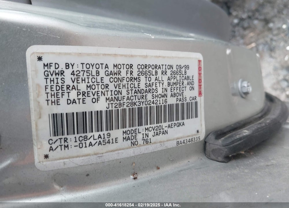 2000 TOYOTA CAMRY XLE V6 VIN: JT2BF28K3Y0242116
