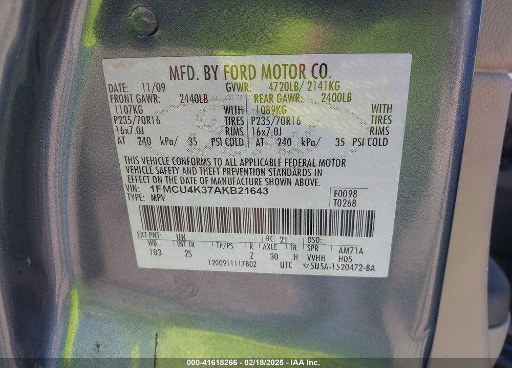 2010 FORD ESCAPE HYBRID LIMITED VIN: 1FMCU4K37AKB21643