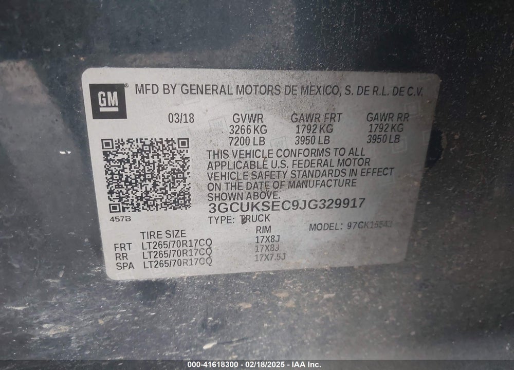 2018 CHEVROLET SILVERADO 1500 VIN: 3GCUKSEC9JG329917