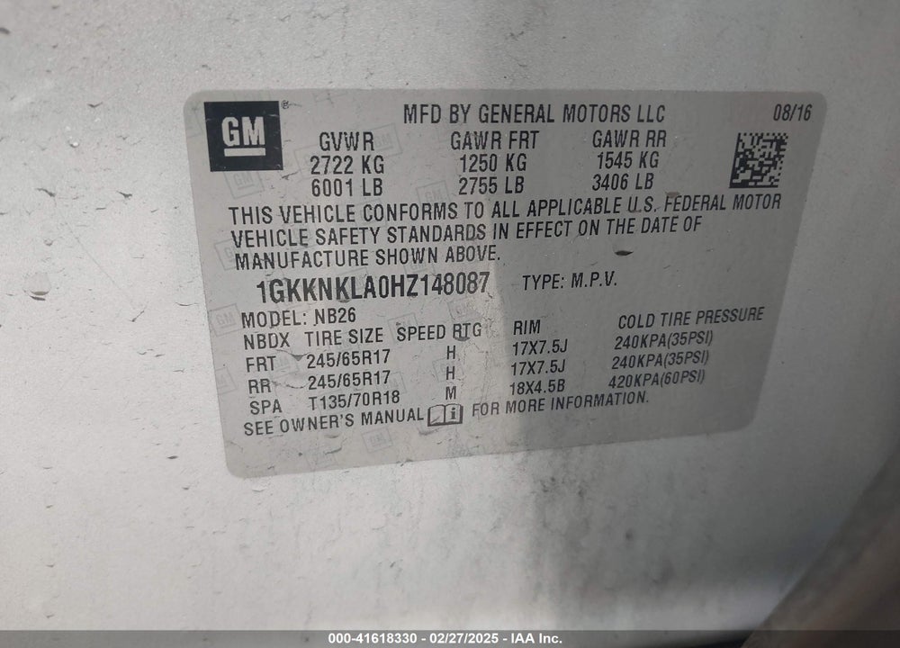 2017 GMC ACADIA VIN: 1GKKNKLA0HZ148087
