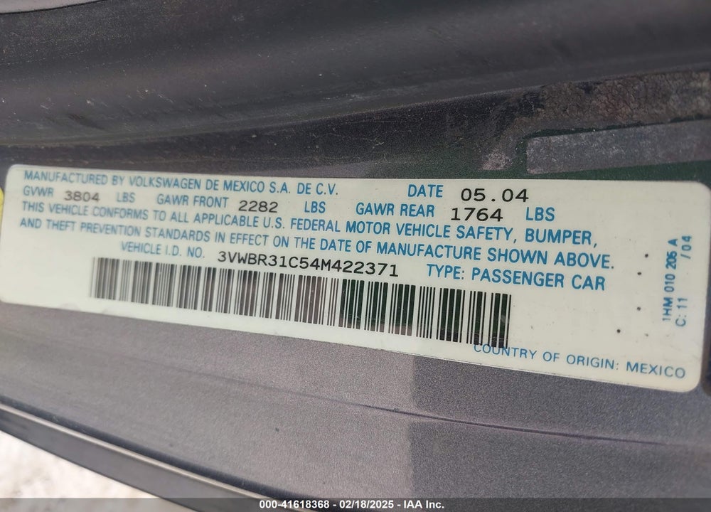 2004 VOLKSWAGEN NEW BEETLE GL TDI VIN: 3VWBR31C54M422371
