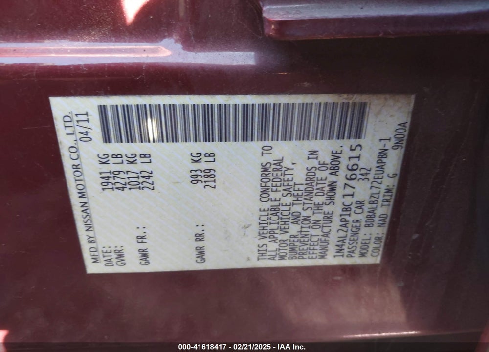 2011 NISSAN ALTIMA 2.5 S VIN: 1N4AL2AP1BC176615