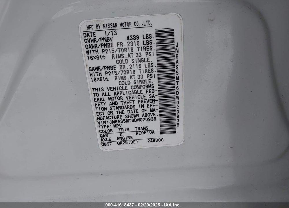 2013 NISSAN ROGUE VIN: JN8AS5MT6DW020938