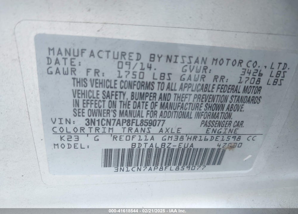 2015 NISSAN VERSA VIN: 3N1CN7AP8FL859077