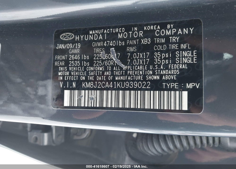 2019 HYUNDAI TUCSON SE VIN: KM8J2CA41KU939022