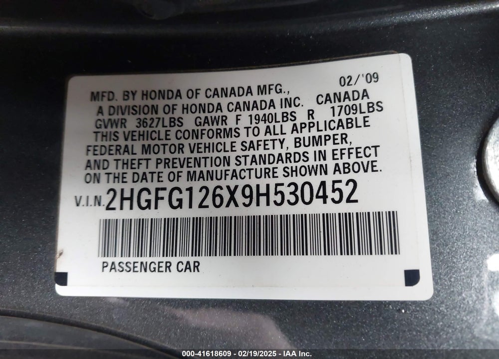 2009 HONDA CIVIC VIN: 2HGFG126X9H530452