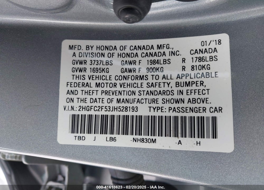 2018 HONDA CIVIC VIN: 2HGFC2F53JH528193