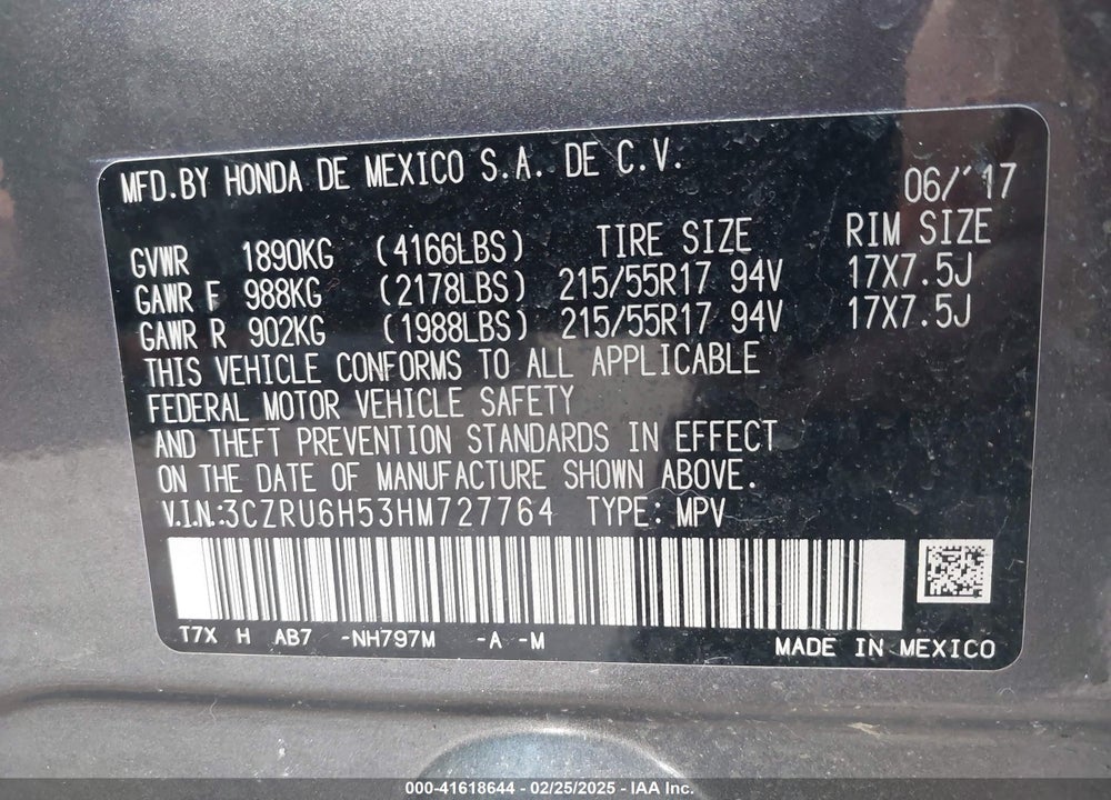 2017 HONDA HR-V VIN: 3CZRU6H53HM727764