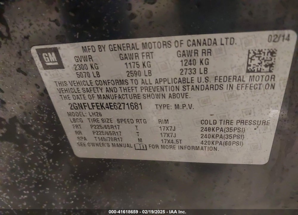 2014 CHEVROLET EQUINOX VIN: 2GNFLFEK4E6271681