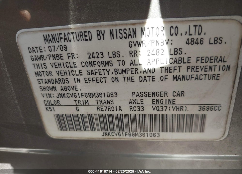 2009 INFINITI G37X VIN: JNKCV61F69M361063