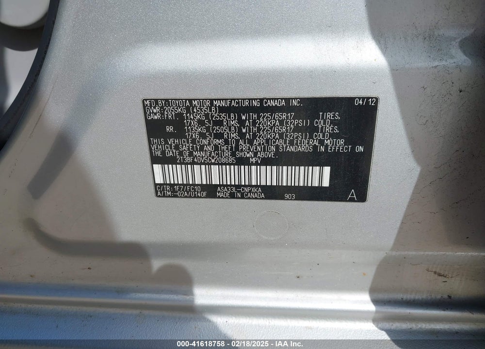 2012 TOYOTA RAV4 VIN: 2T3BF4DV5CW208685