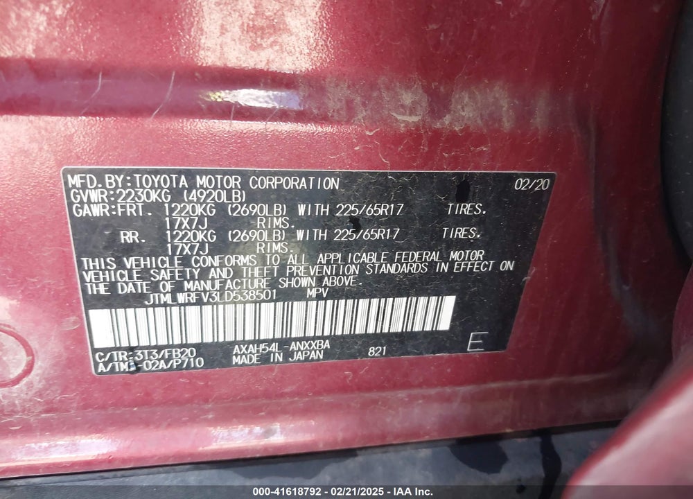 2020 TOYOTA RAV4 HYBRID VIN: JTMLWRFV3LD538501