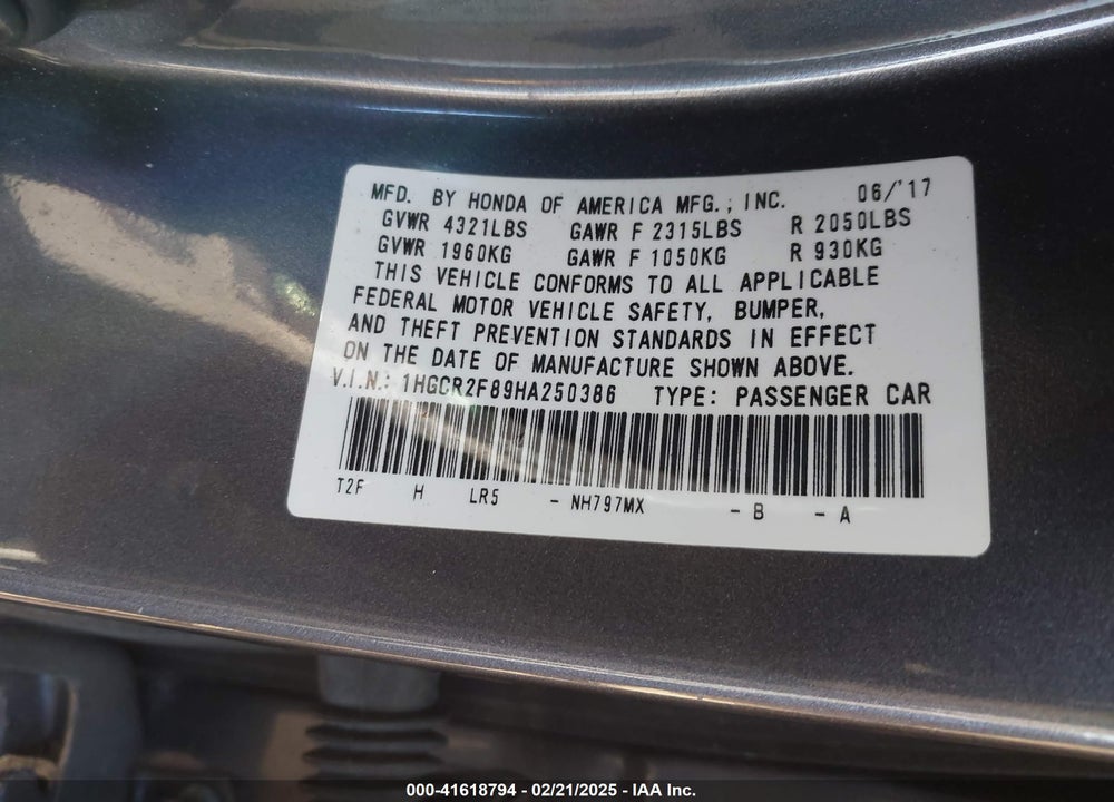2017 HONDA ACCORD VIN: 1HGCR2F89HA250386