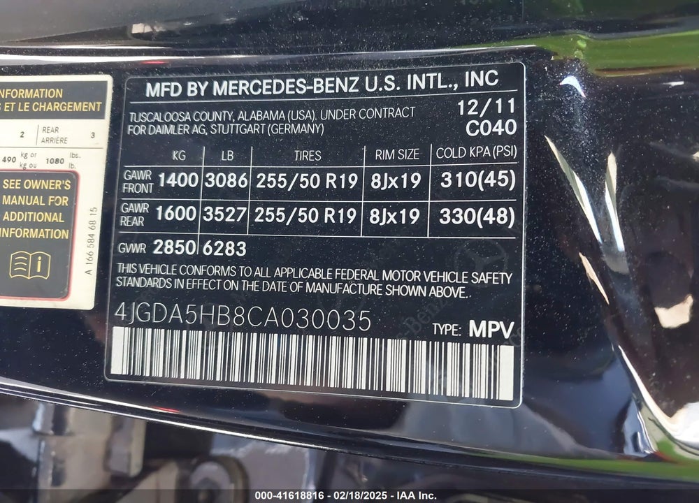 2012 MERCEDES-BENZ ML 350 VIN: 4JGDA5HB8CA030035