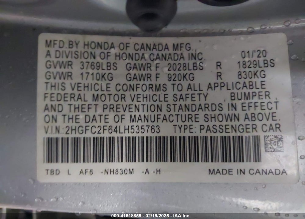 2020 HONDA CIVIC VIN: 2HGFC2F64LH535763