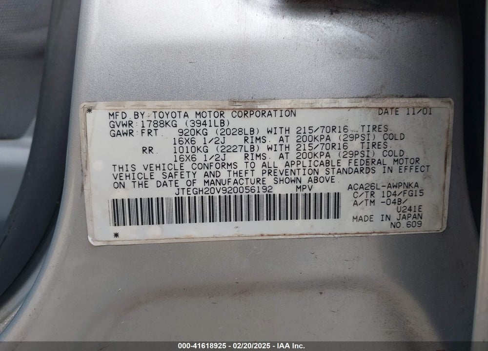 2002 TOYOTA RAV4 VIN: JTEGH20V920056192