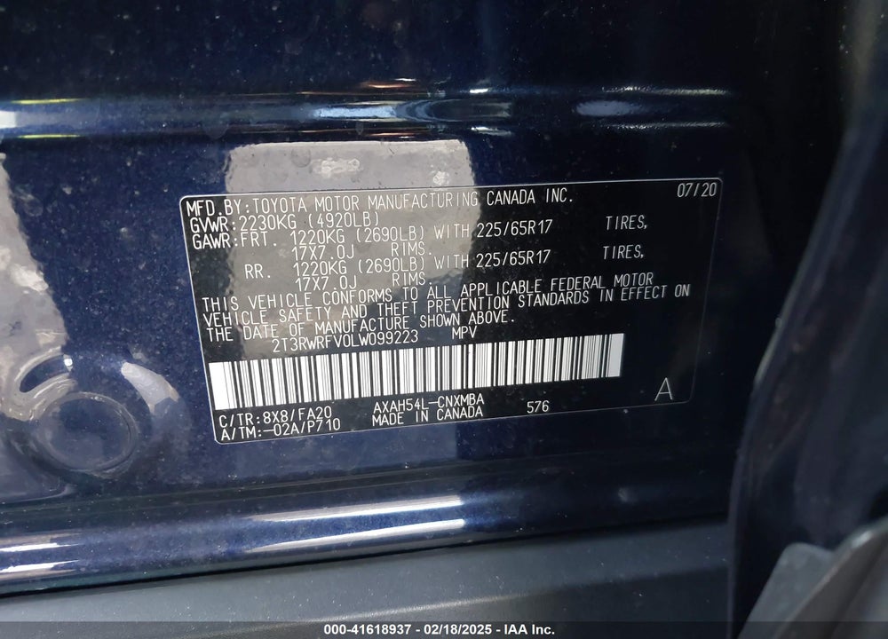 2020 TOYOTA RAV4 HYBRID XLE VIN: 2T3RWRFV0LW099223