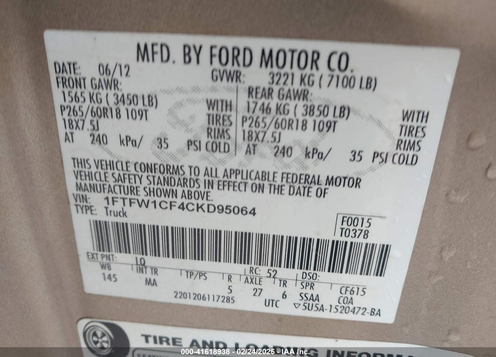 2012 FORD F-150 VIN: 1FTFW1CF4CKD95064