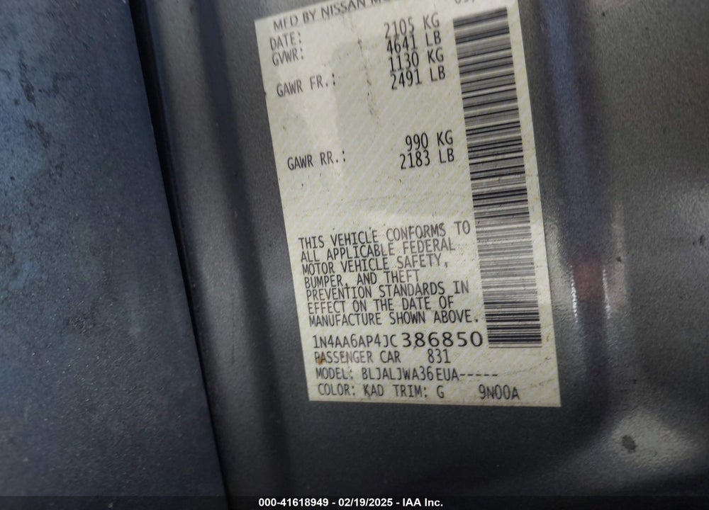 2018 NISSAN MAXIMA VIN: 1N4AA6AP4JC386850