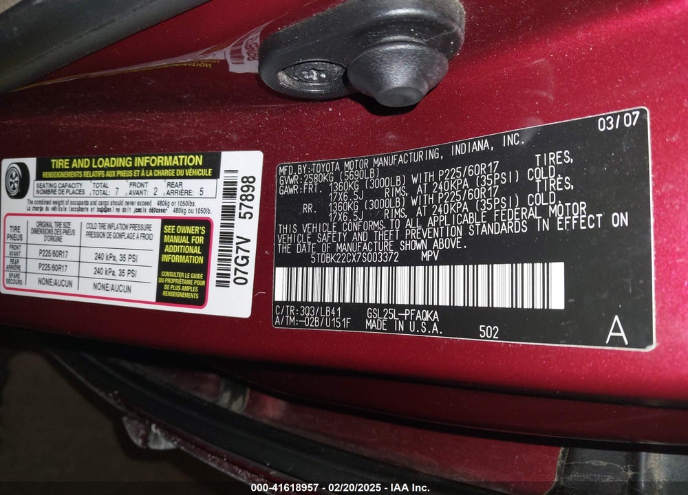 2007 TOYOTA SIENNA VIN: 5TDBK22CX7S003372