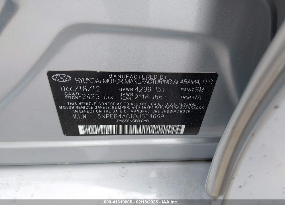 2013 HYUNDAI SONATA VIN: 5NPEB4AC1DH664669