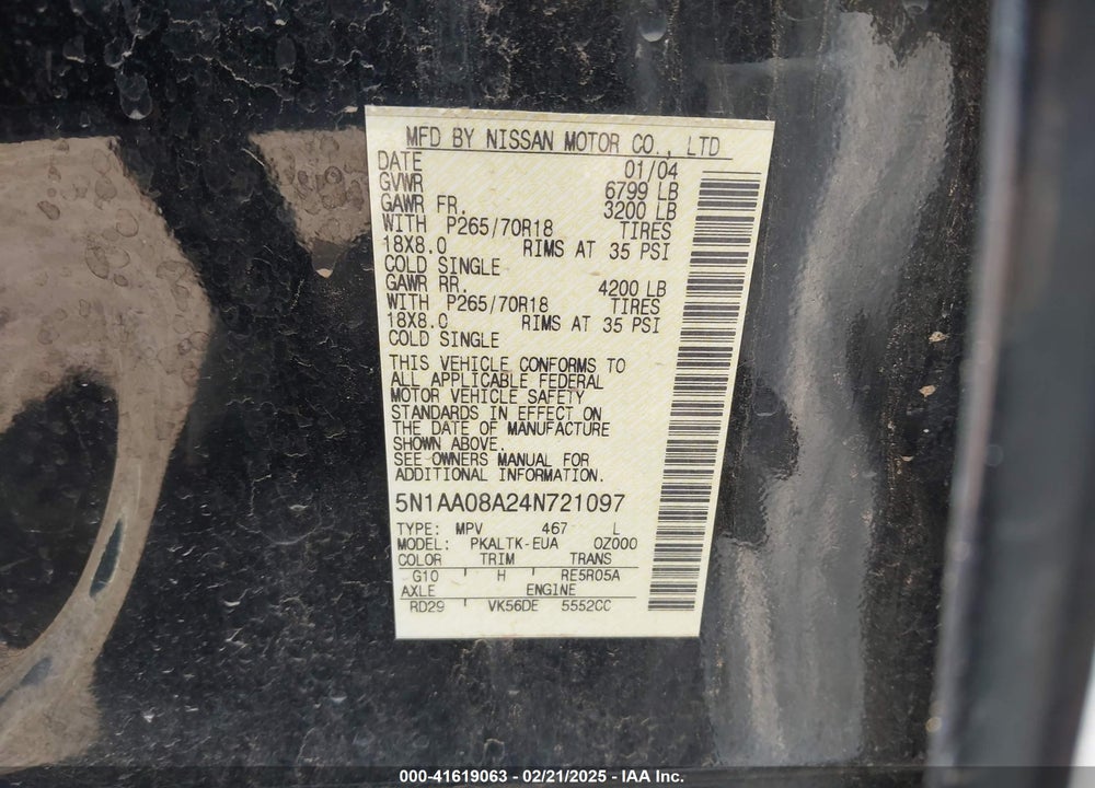 2004 NISSAN PATHFINDER ARMADA VIN: 5N1AA08A24N721097