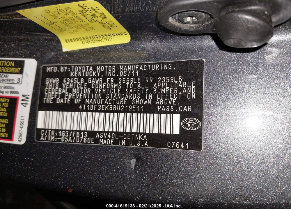 2011 TOYOTA CAMRY VIN: 4T1BF3EK8BU219511