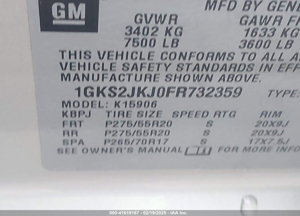 2015 GMC YUKON XL 1500 DENALI VIN: 1GKS2JKJ0FR732359