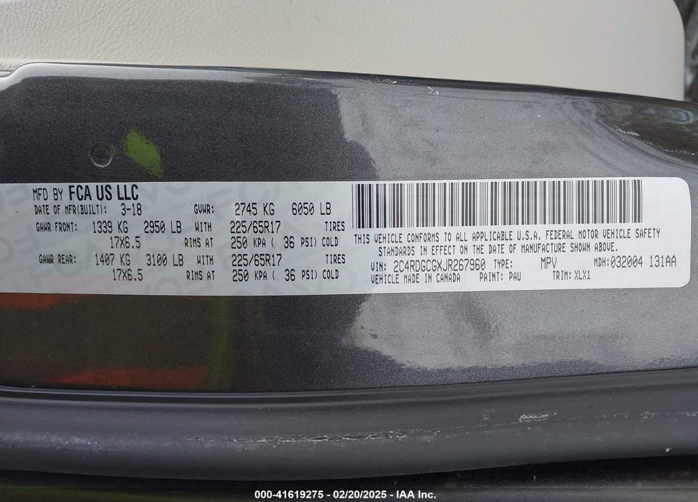 2018 DODGE GRAND CARAVAN SXT VIN: 2C4RDGCGXJR267960
