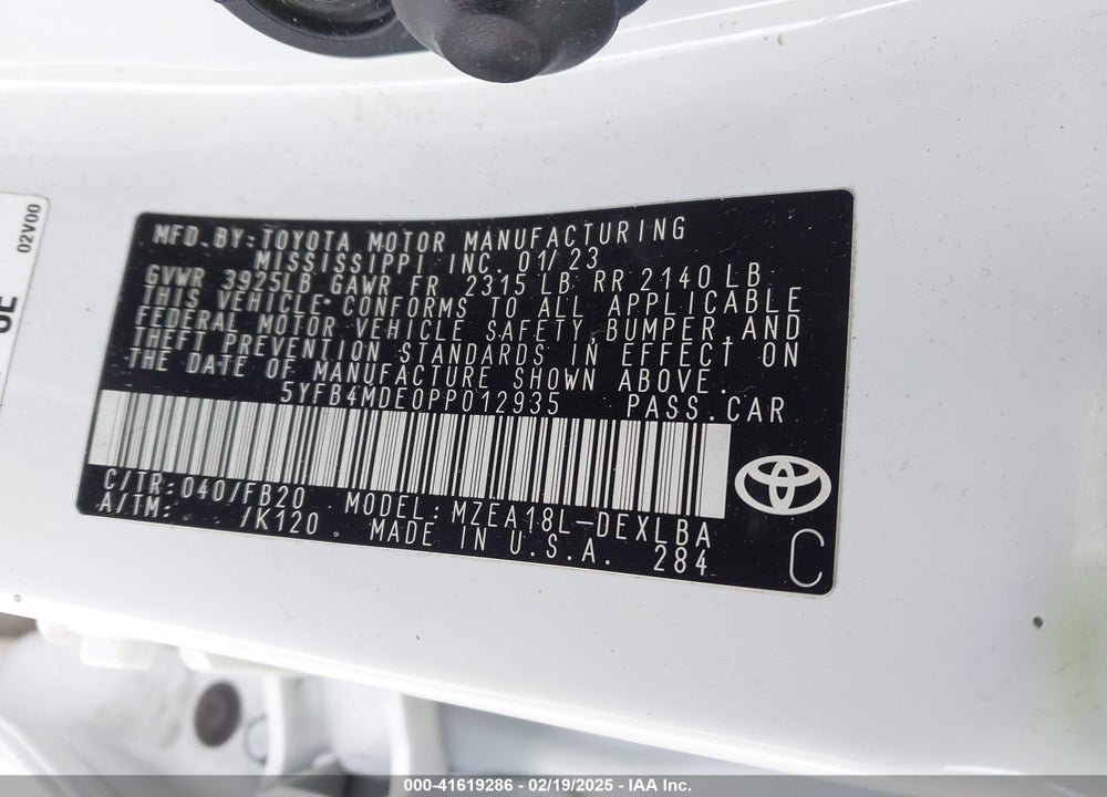 2023 TOYOTA COROLLA VIN: 5YFB4MDE0PP012935