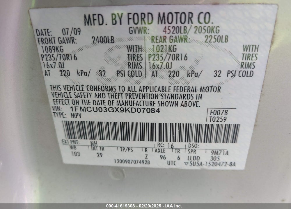 2009 FORD ESCAPE XLT VIN: 1FMCU03GX9KD07084