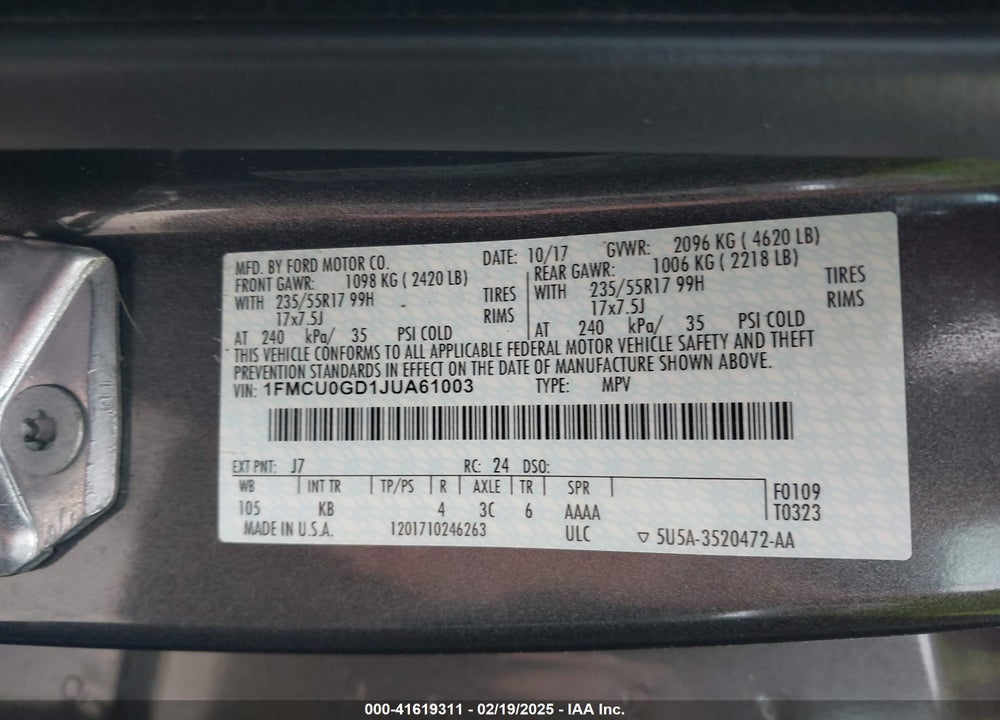 2018 FORD ESCAPE VIN: 1FMCU0GD1JUA61003
