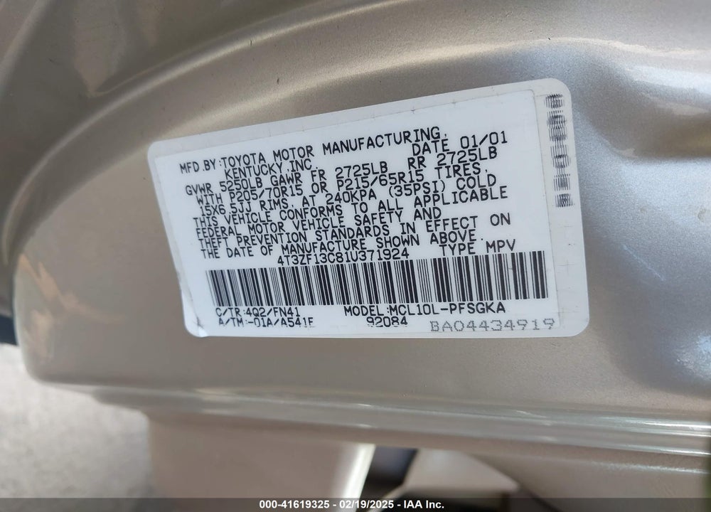 2001 TOYOTA SIENNA LE VIN: 4T3ZF13C81U371924
