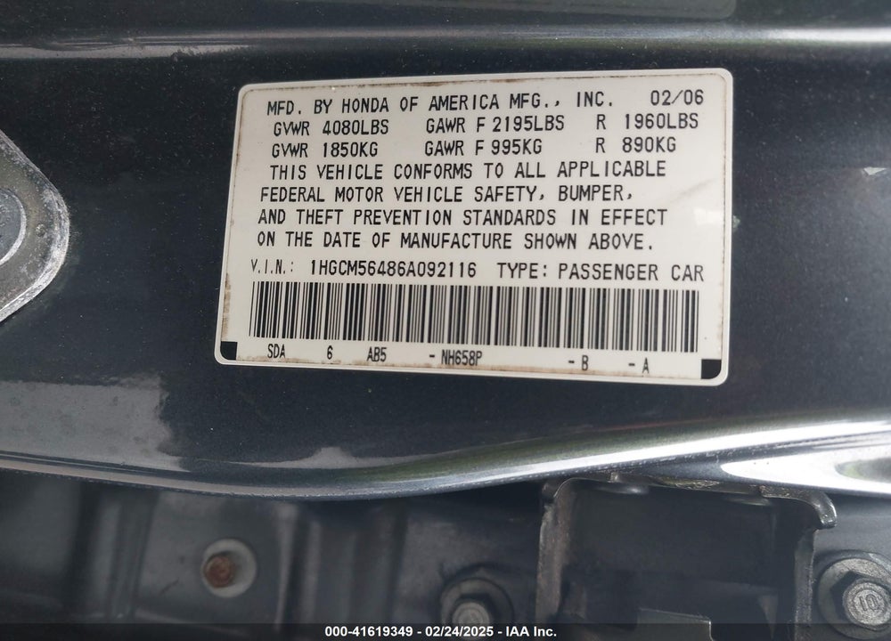 2006 HONDA ACCORD 2.4 LX VIN: 1HGCM56486A092116