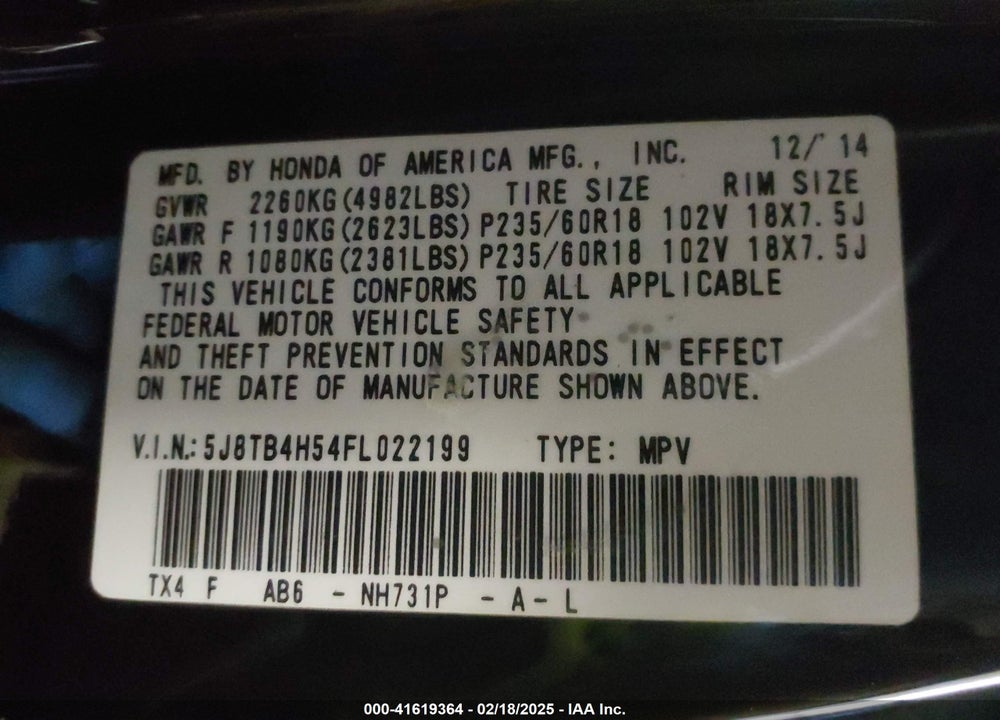 2015 ACURA RDX VIN: 5J8TB4H54FL022199
