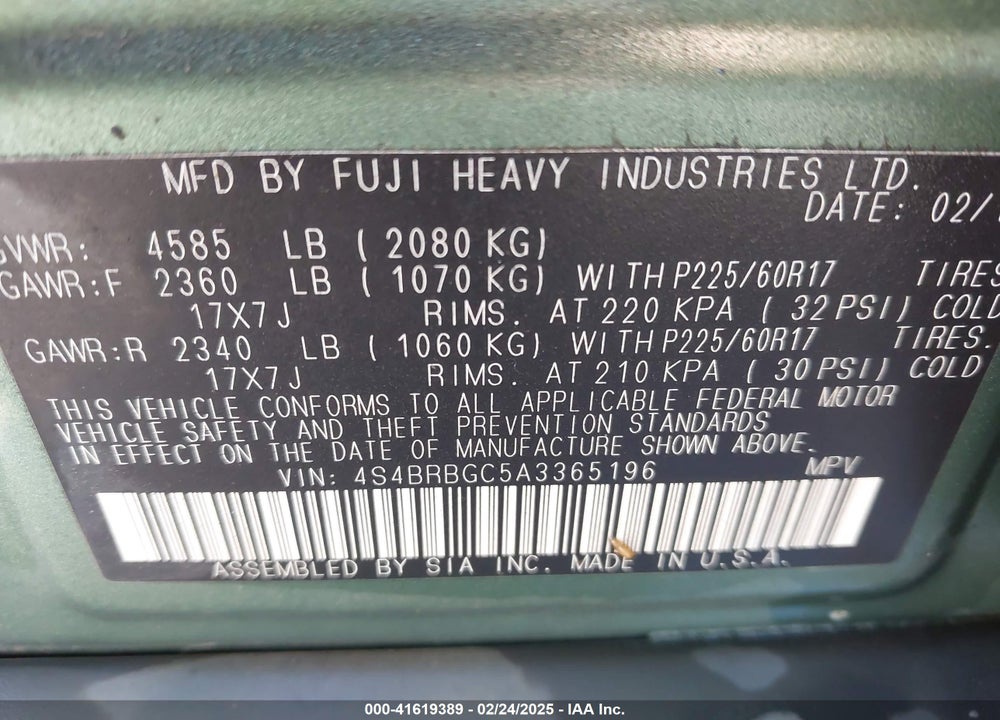 2010 SUBARU OUTBACK 2.5I PREMIUM VIN: 4S4BRBGC5A3365196