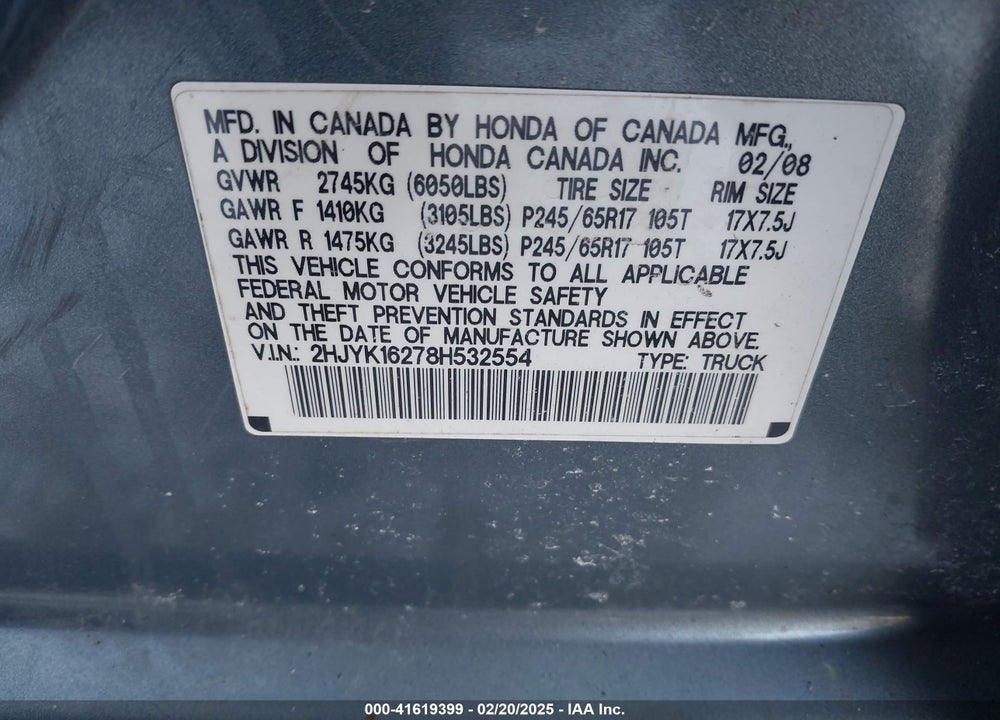 2008 HONDA RIDGELINE RT VIN: 2HJYK16278H532554
