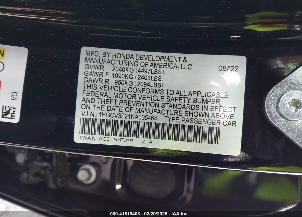 2022 HONDA ACCORD VIN: 1HGCV3F21NA035464