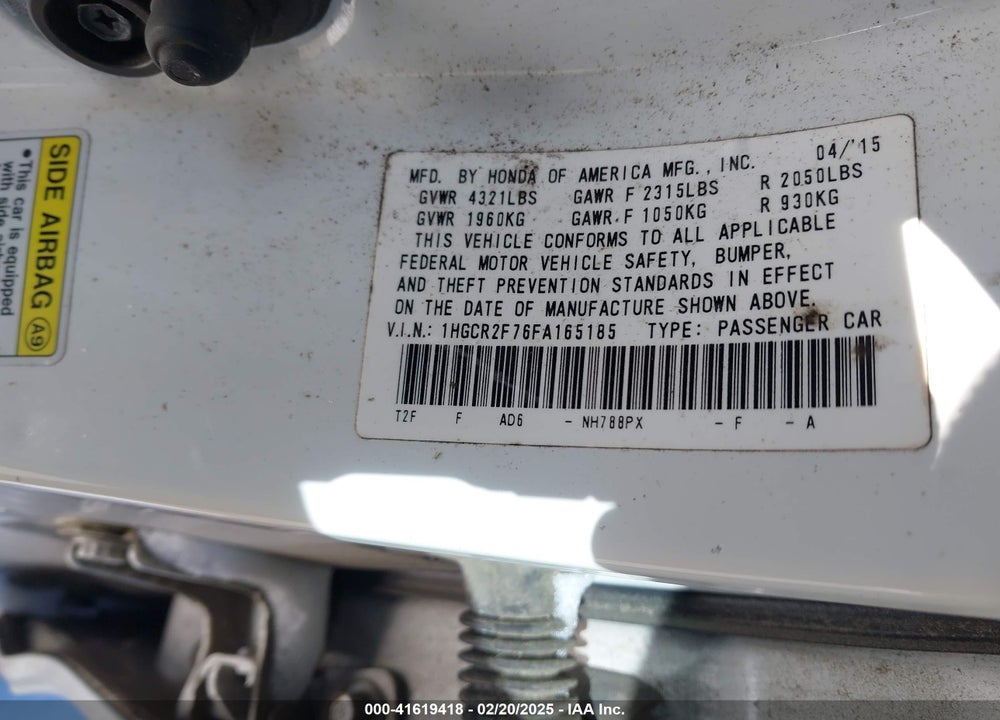 2015 HONDA ACCORD VIN: 1HGCR2F76FA165185