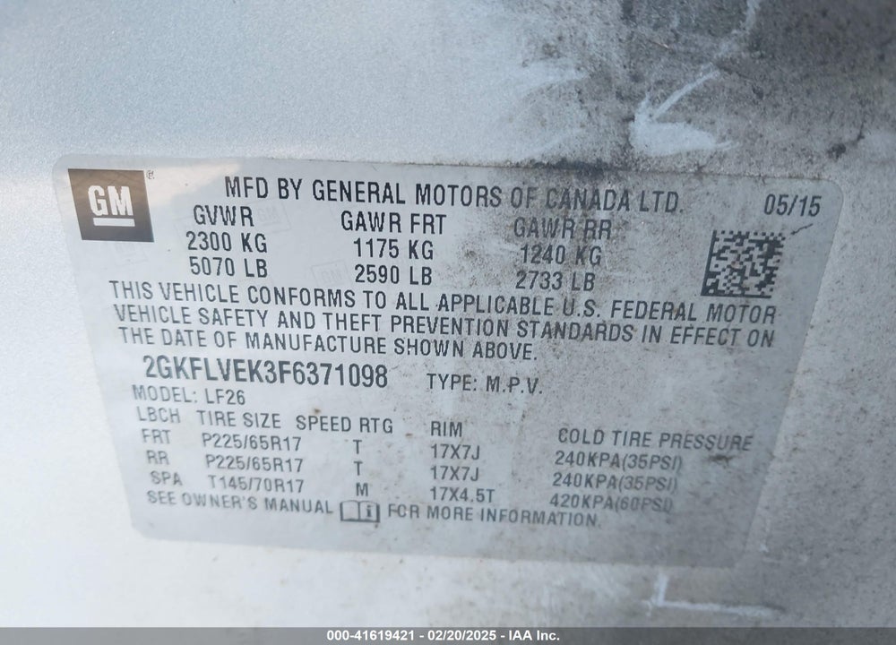 2015 GMC TERRAIN VIN: 2GKFLVEK3F6371098