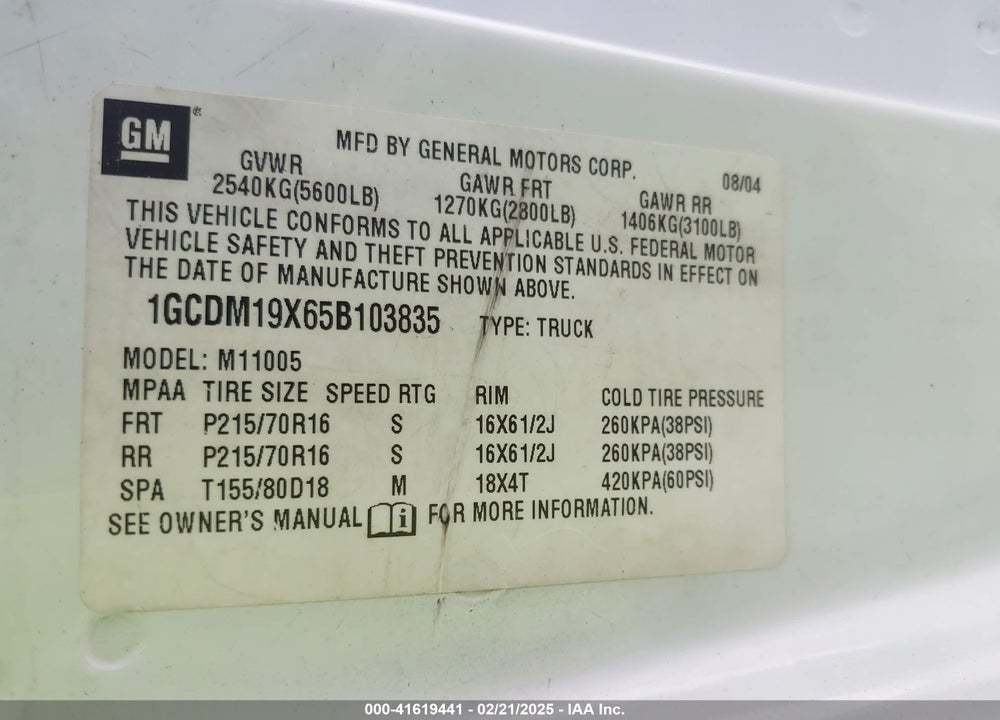 2005 CHEVROLET ASTRO VIN: 1GCDM19X65B103835
