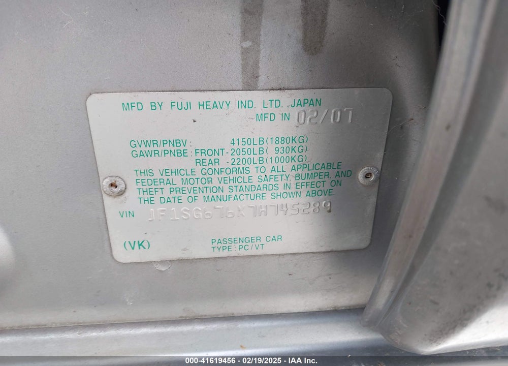 2007 SUBARU FORESTER VIN: JF1SG676X78745289