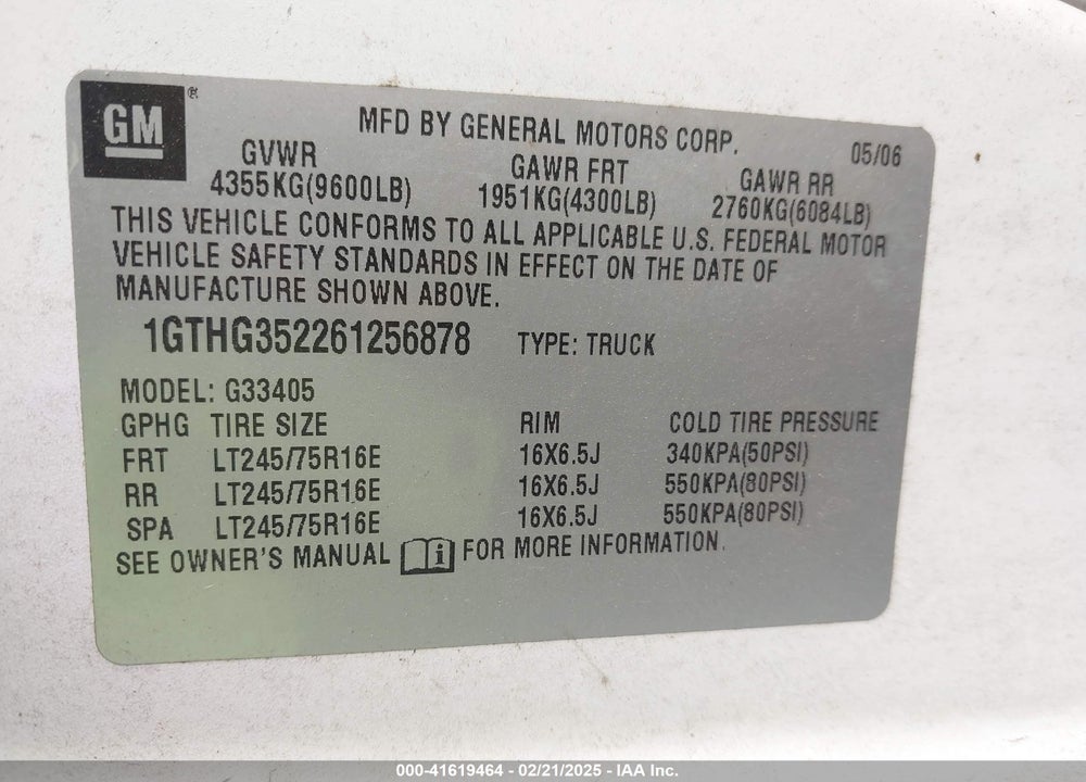2006 GMC SAVANA WORK VAN VIN: 1GTHG352261256878