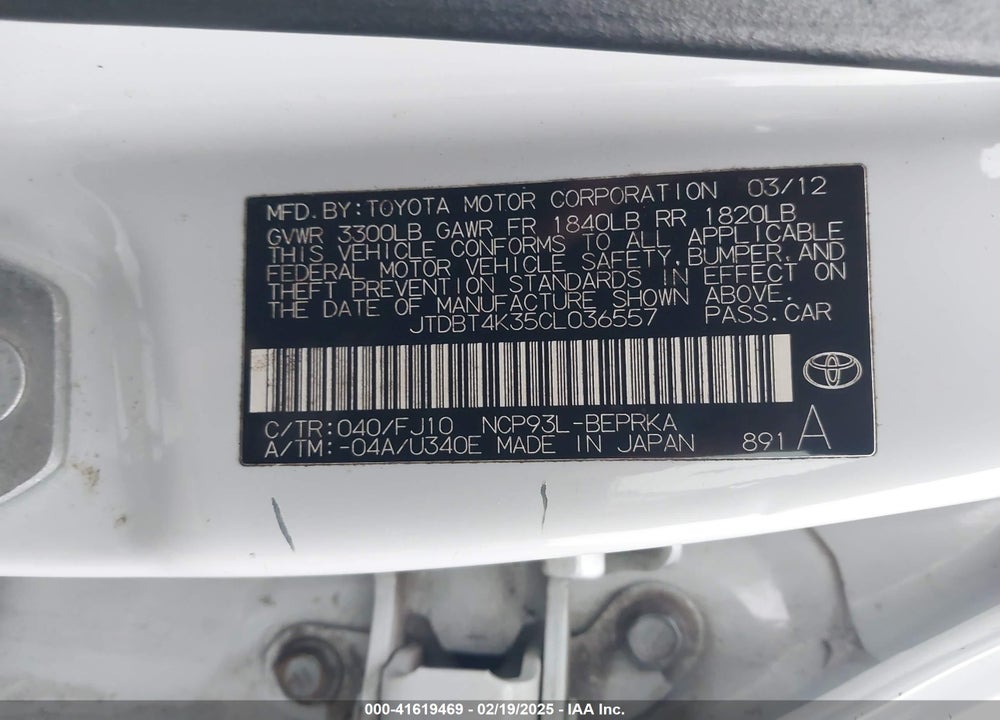 2012 TOYOTA YARIS VIN: JTDBT4K35CL036557