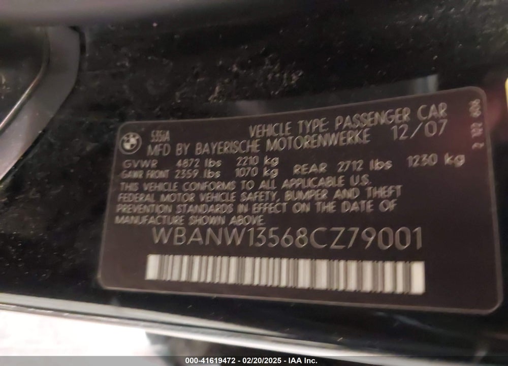 2008 BMW 535I VIN: WBANW13568CZ79001