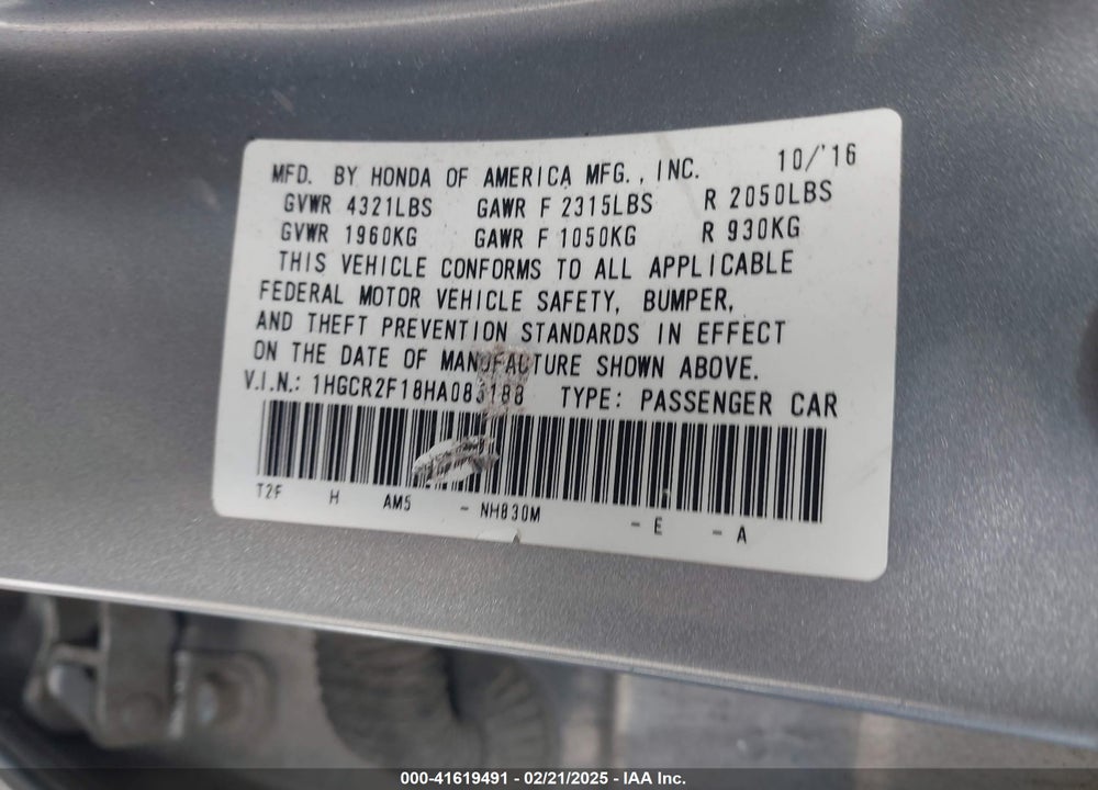 2017 HONDA ACCORD VIN: 1HGCR2F18HA085188