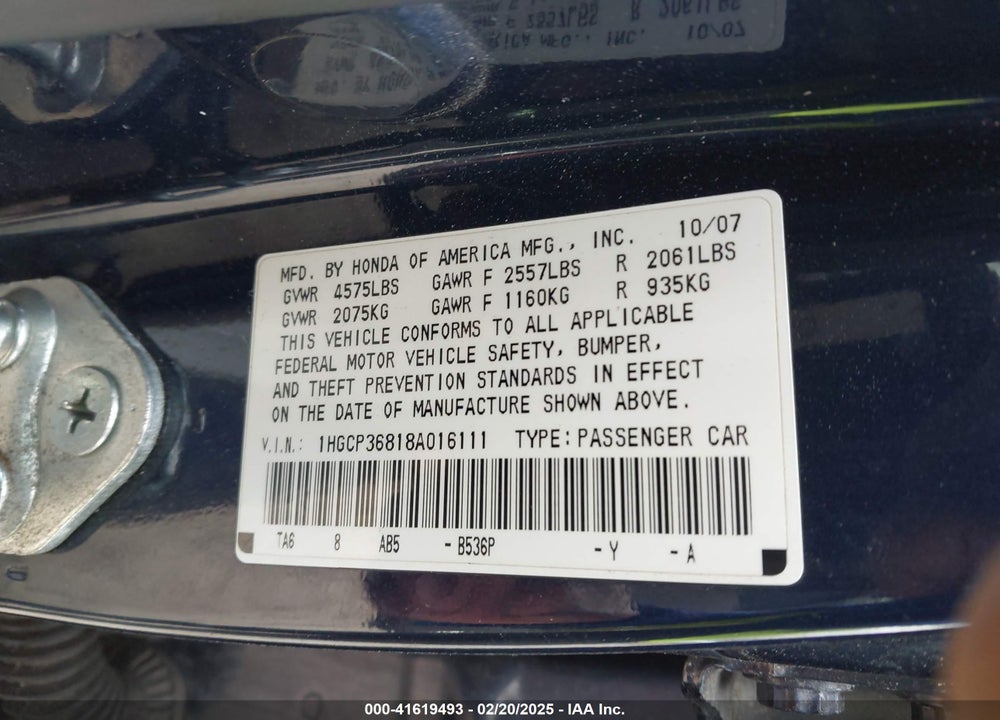 2008 HONDA ACCORD VIN: 1HGCP36818A016111