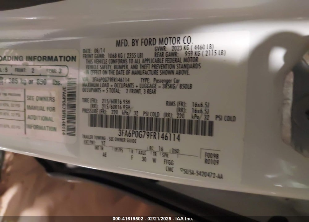 2015 FORD FUSION VIN: 3FA6P0G79FR146114