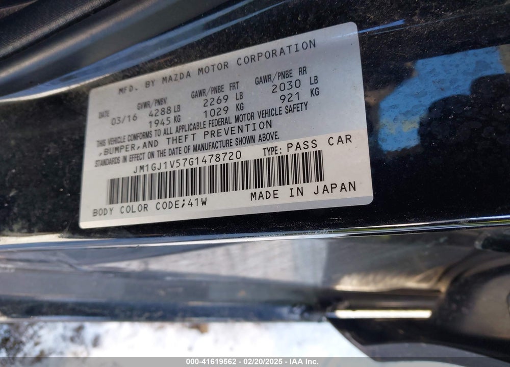 2016 MAZDA MAZDA6 VIN: JM1GJ1V57G1478720