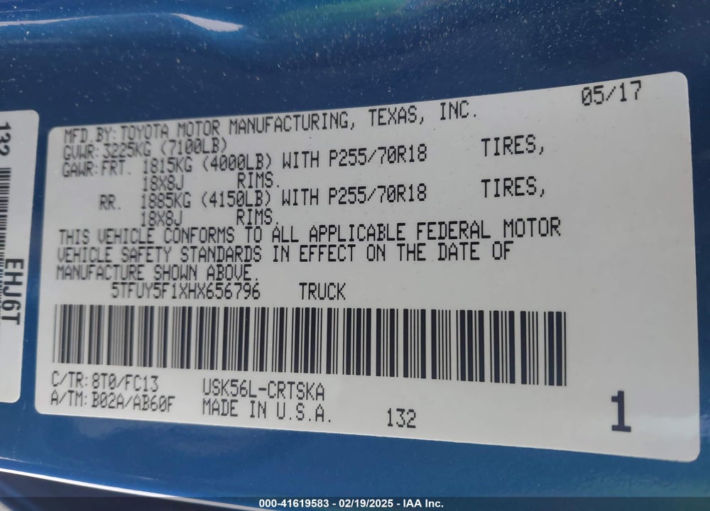 2017 TOYOTA TUNDRA VIN: 5TFUY5F1XHX656796